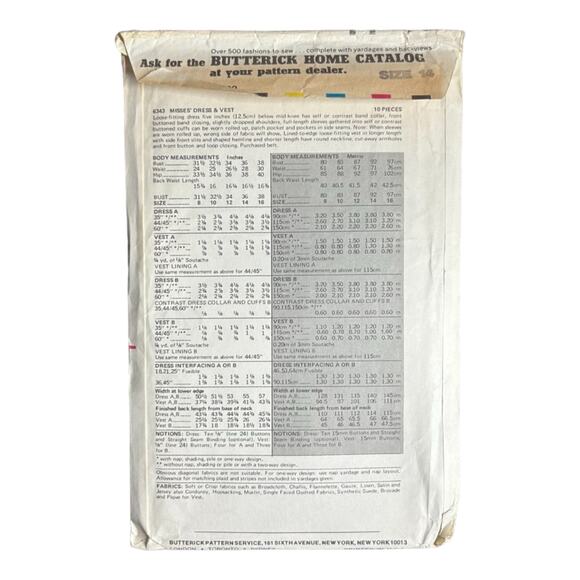 Butterick 6343 Misses' Dress & Vest Pattern - Size 14 - Picture 3 of 5